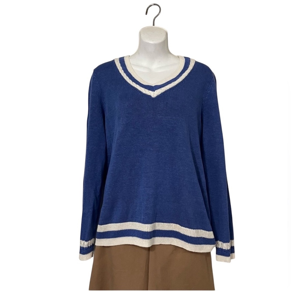Talbots Linen V Neck Pullover Preppy Golf Tennis Blue Sweater Sz L